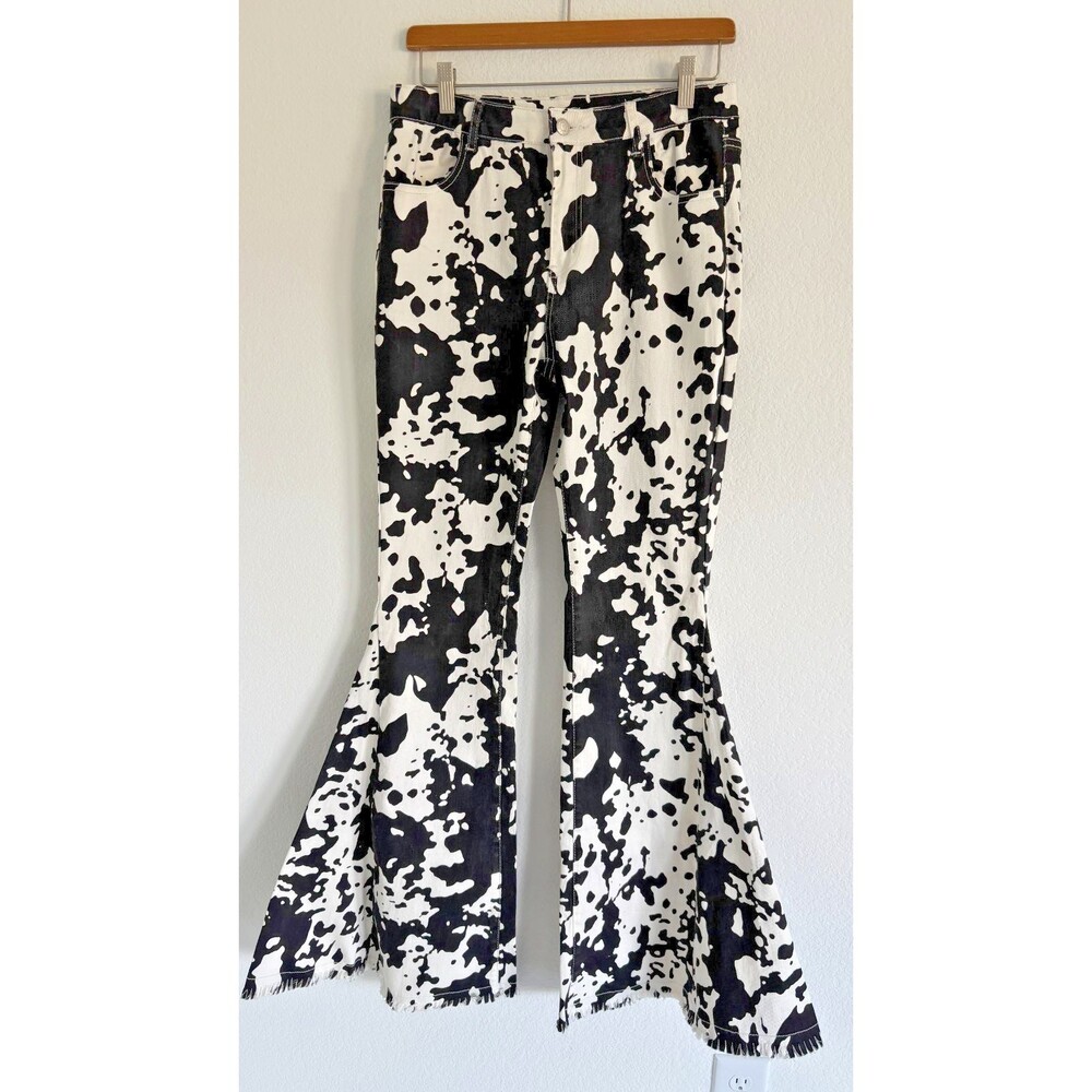 Saints &‎ Hearts Cow Print Jeans Women L 30 Flare Bell Bottom Blac White Western